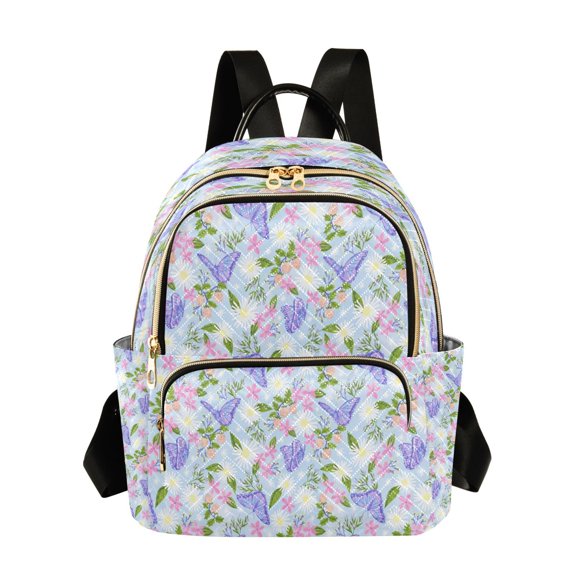 Qxltty Quilted Backpack for Women, Purple Butterfly Daisy Travel Daypack with Front Pocket for Casual Daily Use