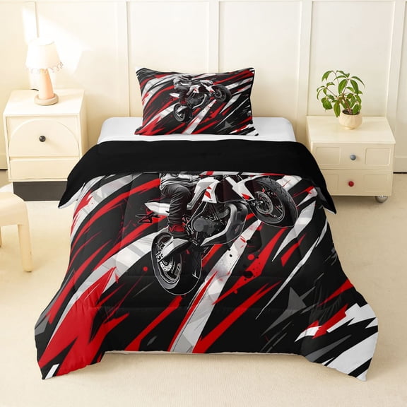 Manfei Speed Motocross Twin Comforter Sets,Speed Games Bedding Set,Red White,Black Reversible,2pcs,1 Comforter and 1 Pillowcase
