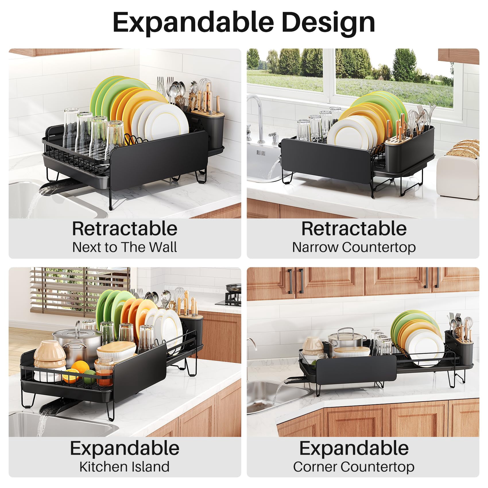 Dish Drying Rack Black Stainless Steel Expandable for Kitchen Counter