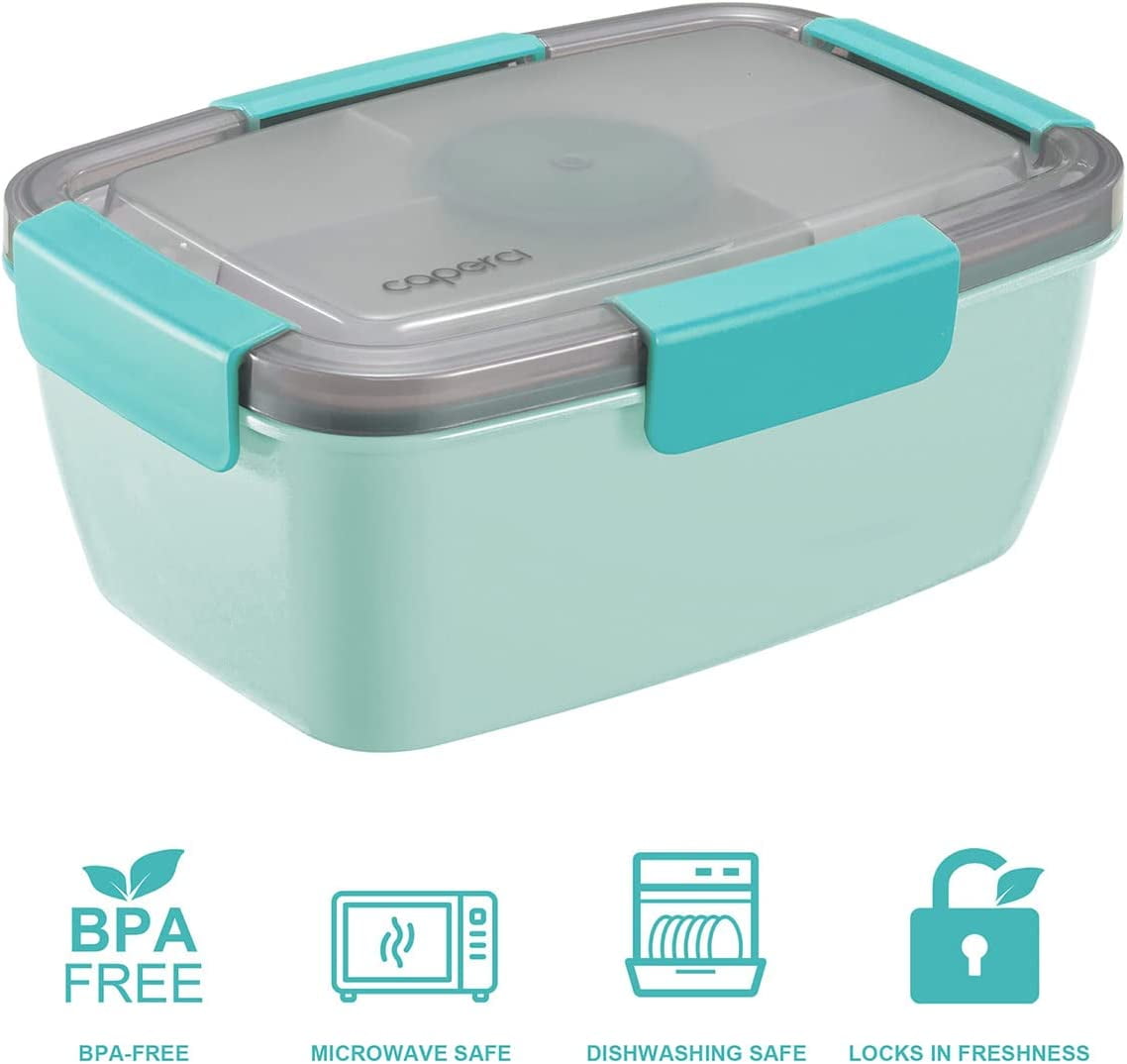 Caperci Superior Salad Container for Lunch To Go - Large 55-oz Bowl with  4-Compartment Bento-Style Tray, 3-oz Sauce Container, Reusable Spork 