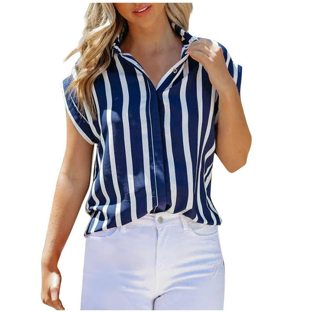 Chemise Boutonnée pour Femmes Col à Revers Rayé Imprimé Manches Courtes Chemises d'Été Décontractées Dames Travail Sortie Hauts Blouses