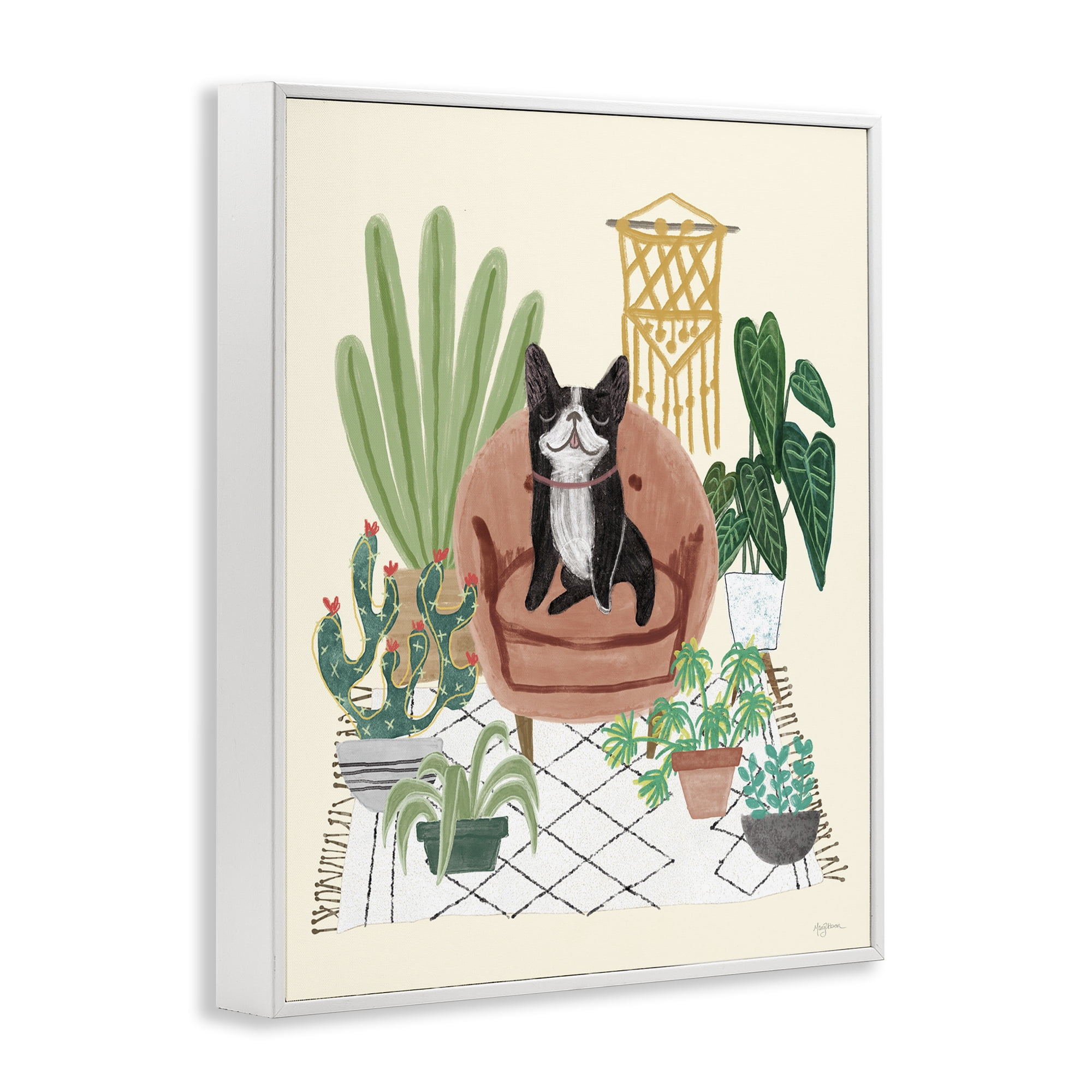 Stupell Industries French Bulldog & Plants Animals & Insects Painting White Framed Art Print Wall Art, 11 x 14