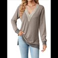 thumbnail image 3 of Blusas de Otoño para Mujer, con Escote en V, Encaje, Larga, Holgadas, con Ribete de Bloques de Color, Moda 2025 Color Café L, 3 of 10