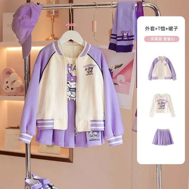 Sanrios Kuromi Girls Baseball Uniform Set Spring and Autumn New Korean Style Children‘s Sports Girls Jacket Fashionable 3Pcs Set
