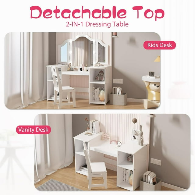 Historyli Tocador 2 en 1,tocador de princesa con luz táctil,espejo triple desmontable,estantes abiertos,juego de maquillaje de madera con silla para niñas,color blanco