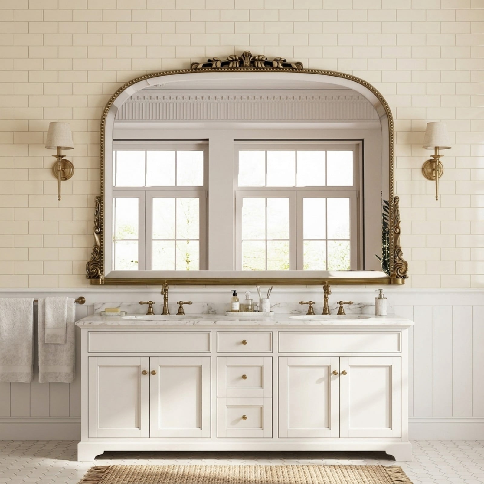 Lumora 44"x32" Vintage Bathroom Mirror Wall Mounted Arched Antique Mirror, Antique Bronze