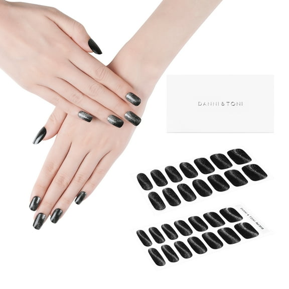 DANNI & TONI Semi Cured Gel Nail Strips Cat Eye (Glimmer) Black Gel Nail Wraps Glossy Nail Stickers 28 Stickers