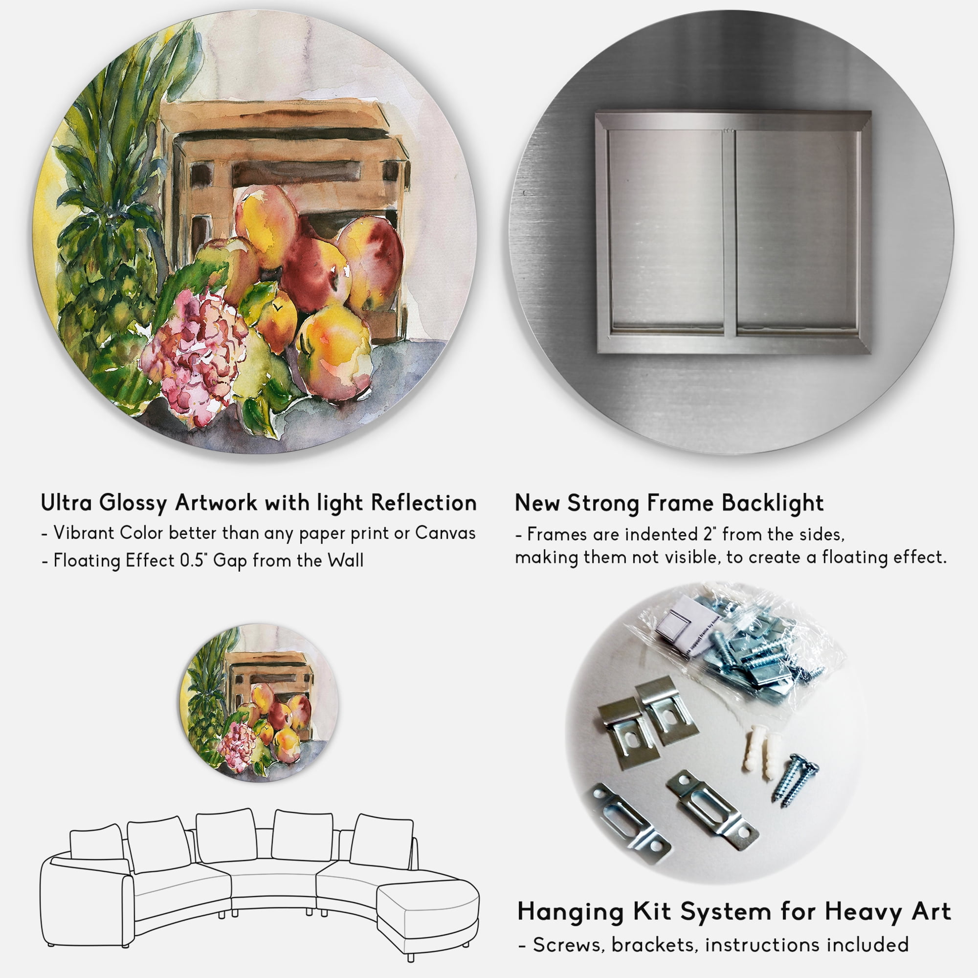 Designart 'Historic Fruits V' Farmhouse Circle Metal Wall Art 11x11 - Disc of 11