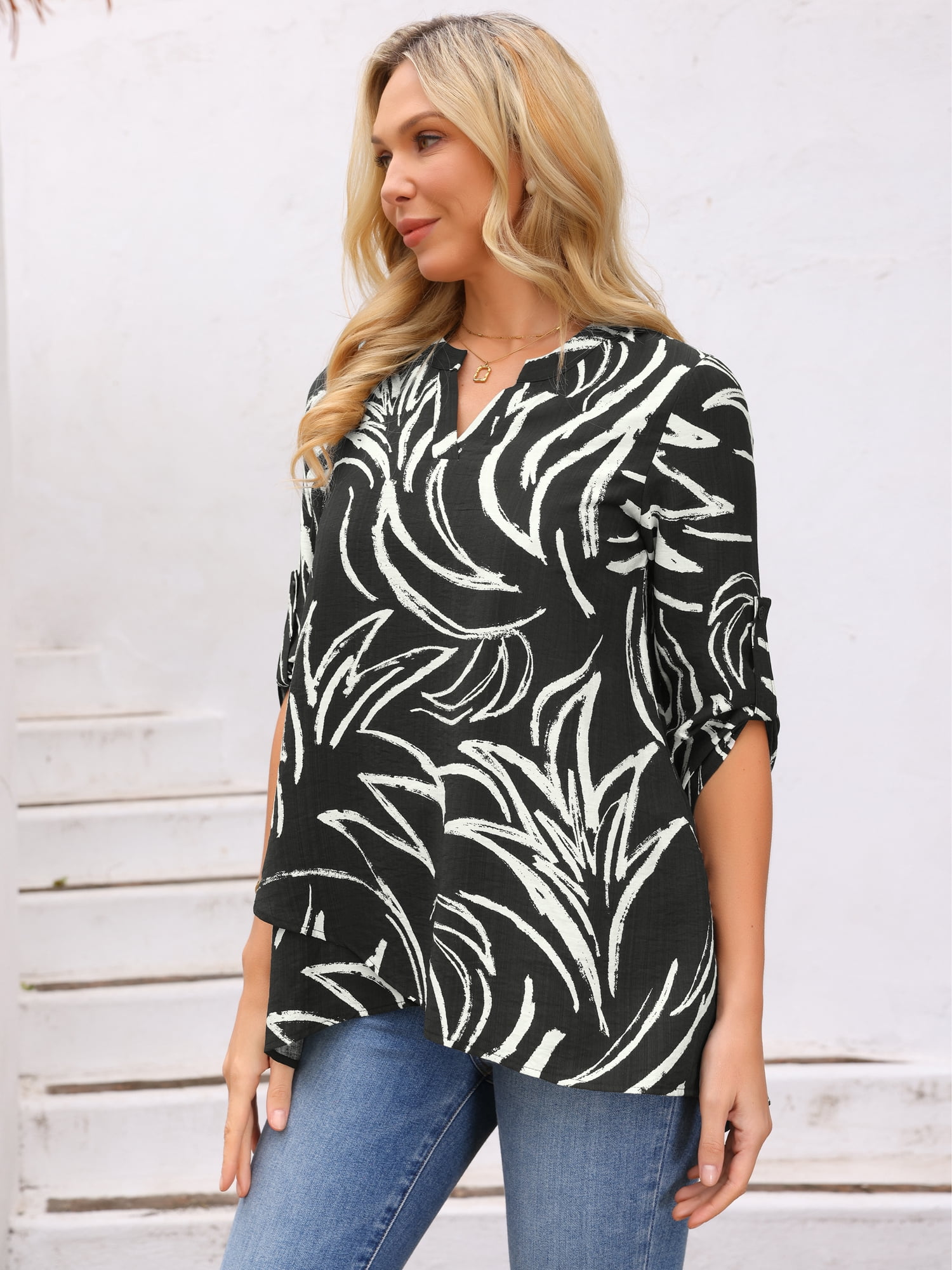 DARING DIVA Women's High Low Floral Print V Neck Roll Up 3/4 Sleeve Tunic Blouse M Black