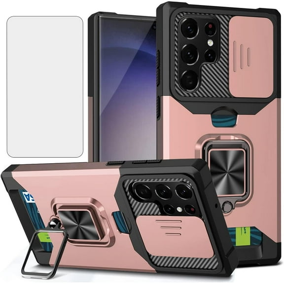 Design for Samsung Galaxy S23 Ultra 5G Phone Case with Screen Protector Card Holder Stand Kickstand Heavy Duty Slim Shockproof Hybrid Rugged Drop Protective Cover for Women 6.8" Rose Gold