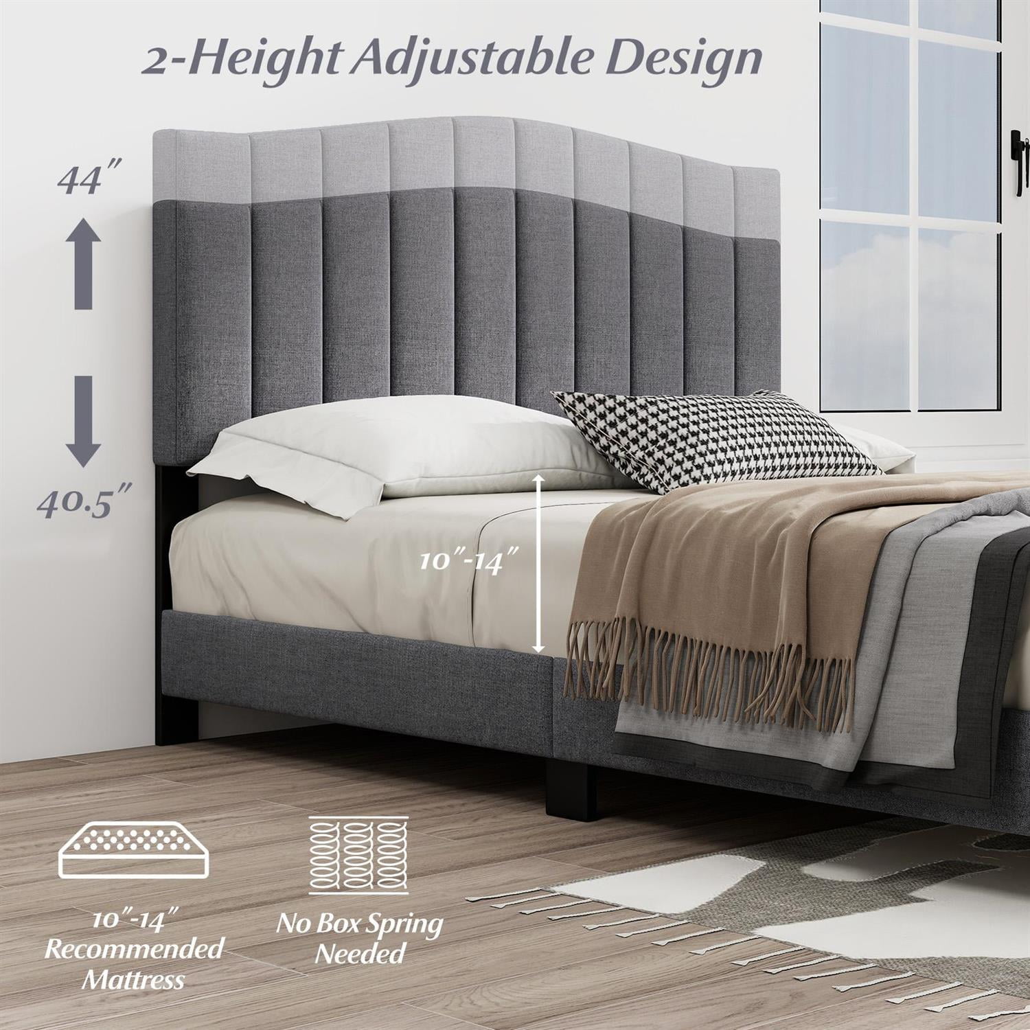 Spaco Queen Size Modern Upholstered Bed Frame, Adjustable Vertical Channel Tufted Headboard, Linen Fabric & Foam, 12 LVL Slats, Gray + Black