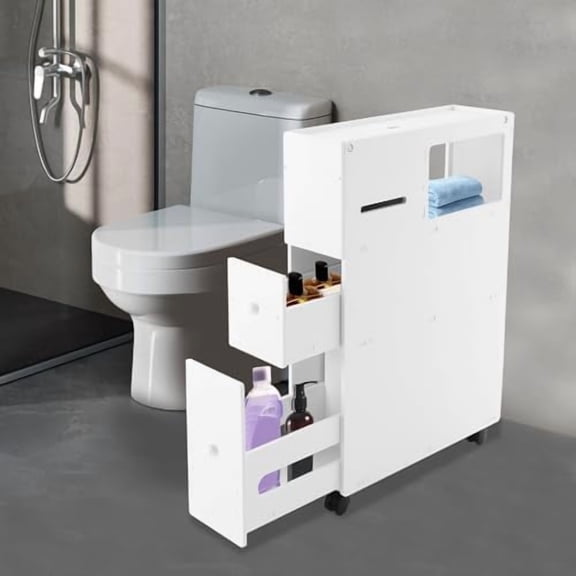 Slim Bathroom Floor Cabinet Toilet Storage Organizer W/Shelf Free Standing Cabinet with Slide Out 2 Drawer and Wheels White$$Home Decor, Kitchen, & Other