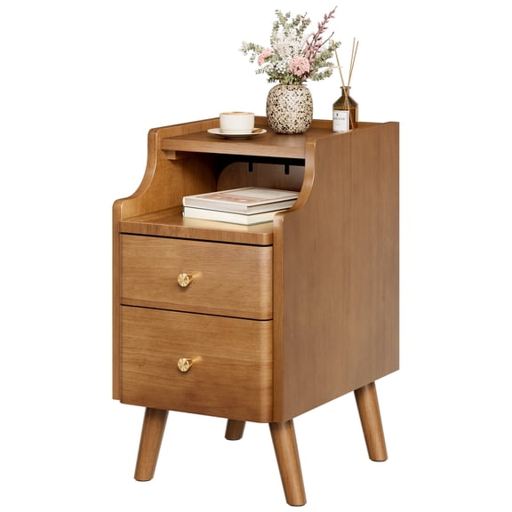 Narrow Nightstand, Solid Wood Night Stand with 2 Drawers, Walnut Mid Century Modern Nightstand, Small Beside Table with Open Storage Shelf for Bedroom（12 inch)