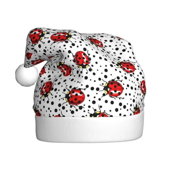 Fuzoiu Red Ladybugs On Black Dotted Print Santa Hat Christmas Hat for Adults,Santa Hats with Pompom, Unisex Xmas Holiday Hat for Christmas New Year Festive Party Supplies