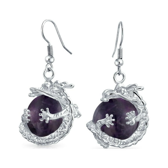 Fashion Compressed Blue Turquoise Gemstone Round Ball Dangle Wrapped Orb Chinese Asian Dragon Earrings for Women Teen