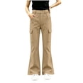 thumbnail image 4 of Girls Flare Cargo Pants Casual High Waist Pull On Stretch Kids Wide Leg Pants Khaki 5-14, 4 of 7