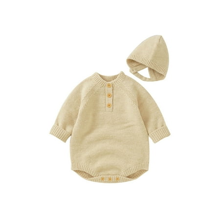 

Zlekejiko Baby Girls Autumn Print Solid Button Pullover Long Sleeve Knit Sweater Romper Bodysuit Hat Clothes