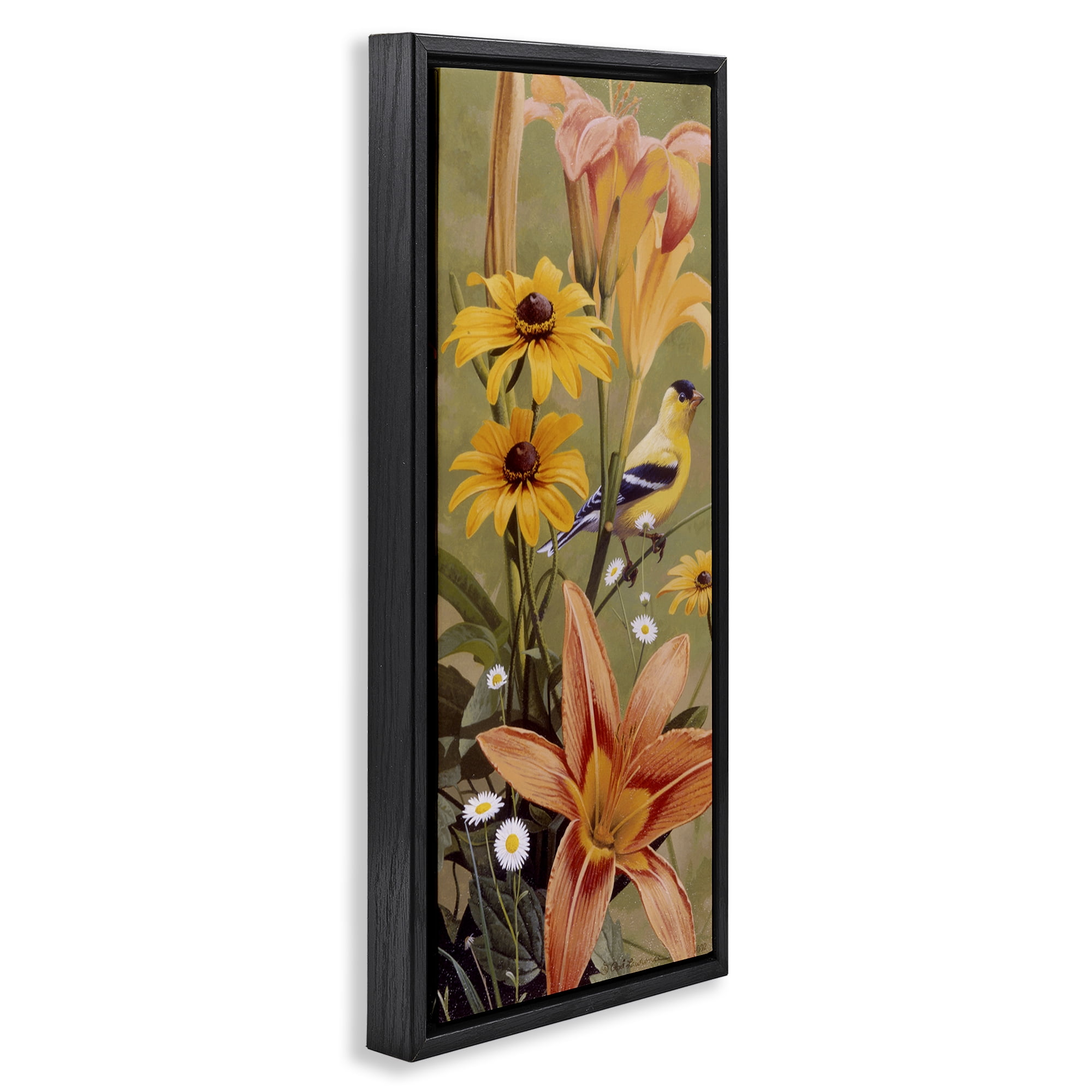 Stupell Industries Among the Flowers Bird Plants & Flowers Painting Black Floater Framed Canvas Art Print Wall Art, 14 x 31
