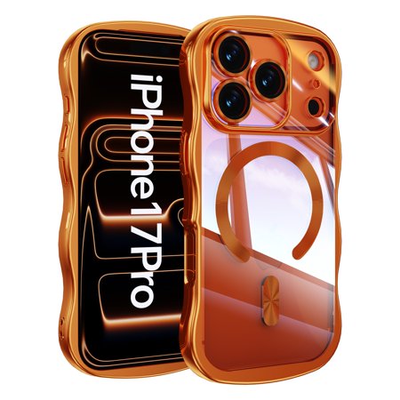ELEHOLD Magnetic Case For iPhone 17 Pro With Built-in Lens Protector,Compatible with Mag-safe Accessories, Shockproof Plating Curly Wavy Frame Clear Back Cover for Women Men,Orange