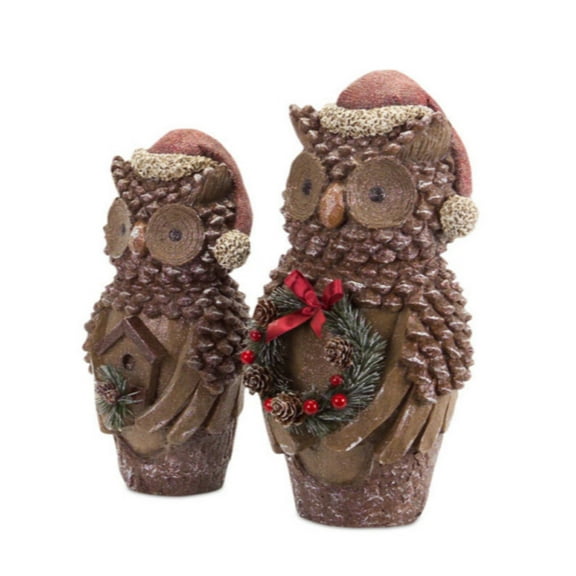 Set of 2 Brown Pine Cone Owl Wearing Santa Hat Christmas Figure 14.5"