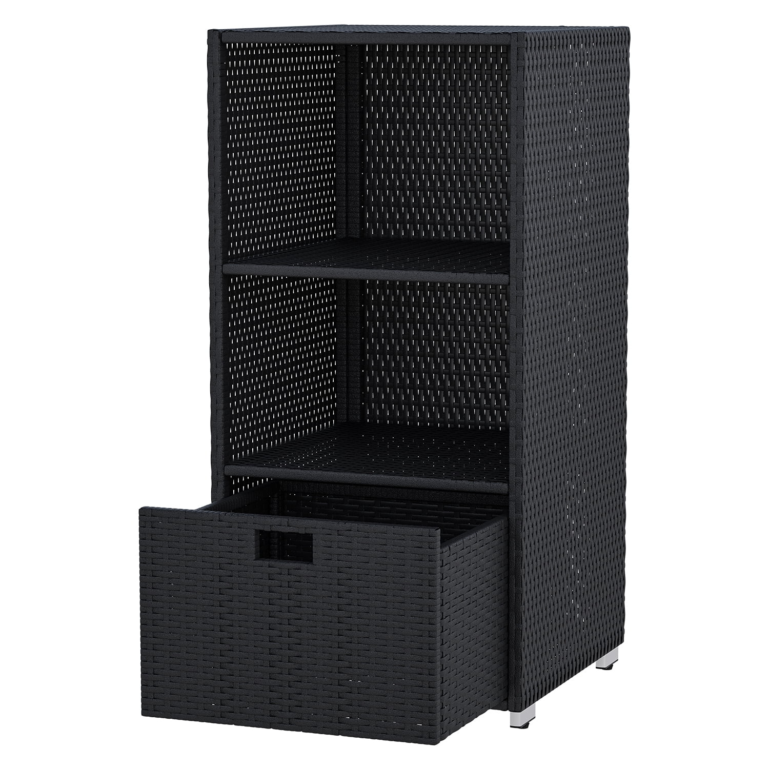 BaPiPro Outdoor Towel Rack for Pool, Rattan Wicker Storage Cabinet with Shelf & Drawer, Poolside Towels Valet, 47" Tall Black