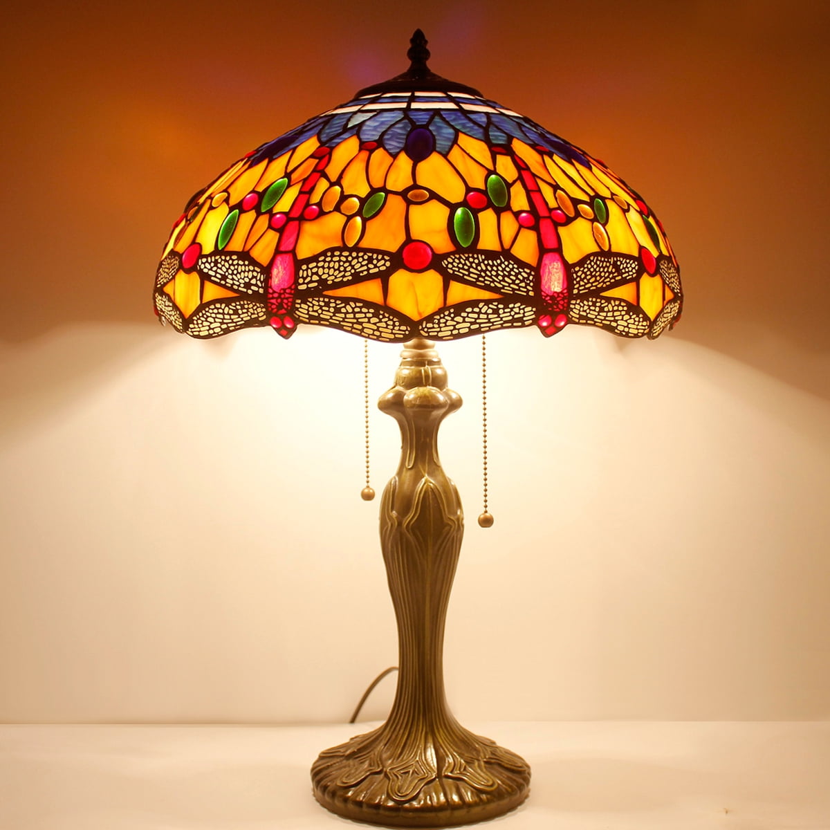 Tiffany Style Table Lamp W16H24 Inch Orange Blue Stained Glass Crystal Bead Dragonfly Shade S168 LAMPS Kids Living Room Bedroom Coffee Bar Desk Bedside Reading Light Antique Art Crafts Gift