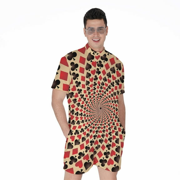 Swirl Playing Card Suits Short Sleeve Men'S Rompers, King Card Poker Casual Summer Jumpsuits Outfit