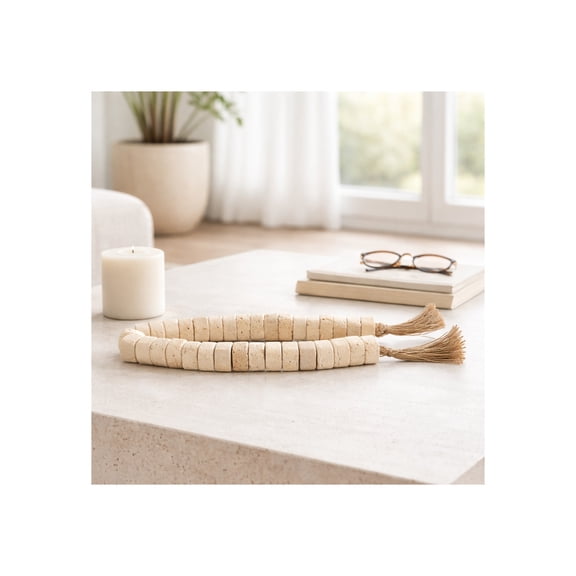 Garland with Travertine Beads and Jute Tassels for Home, Bathroom and Room Decor - Accent for Office, Shelf or Coffee Table Display - Ornament Styling for Living Room Interior - 1", Tan