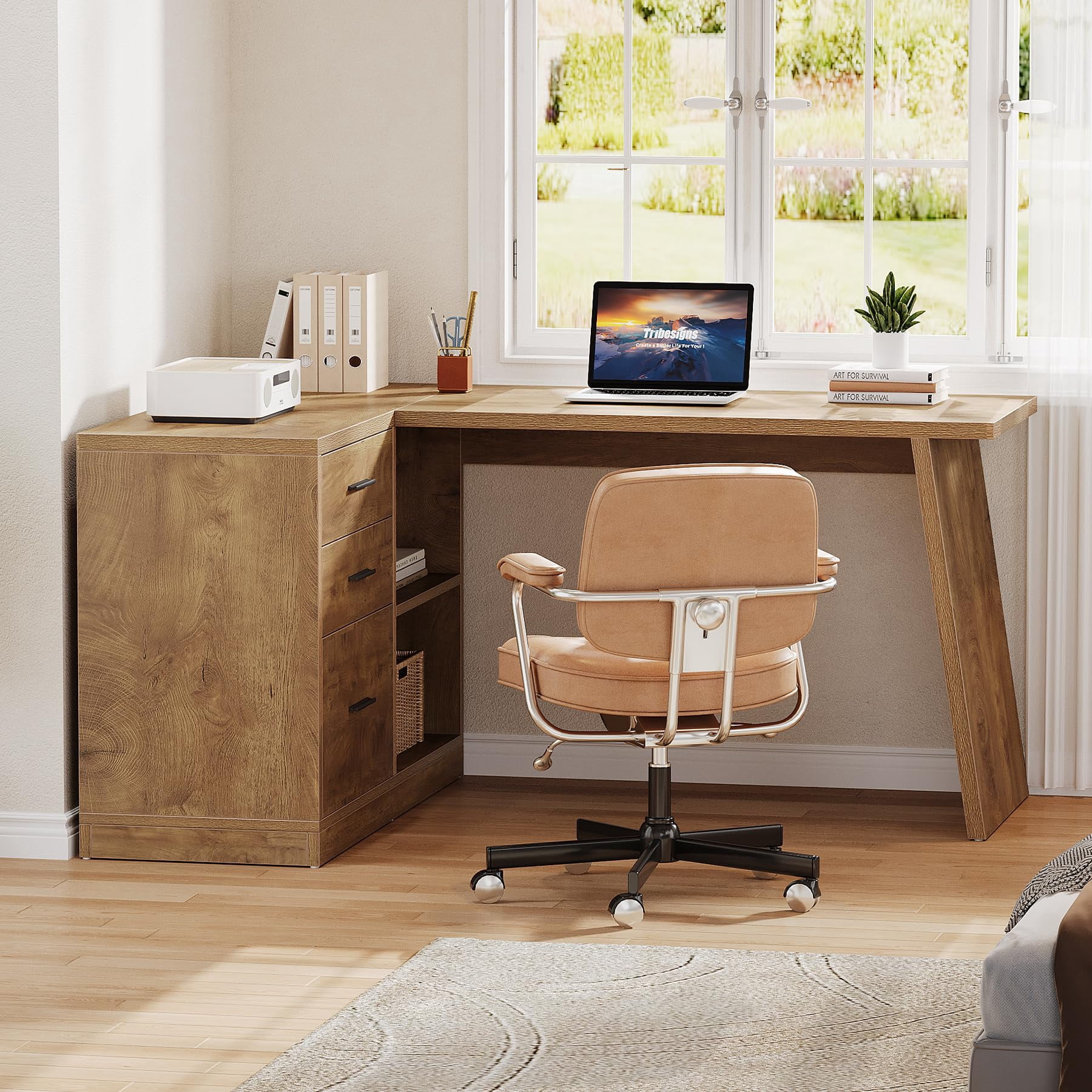 Fnova 55" L Shaped Executive Desk with Drawers, Corner Computer Desk with File Cabinet, Farmhouse Wood Office Desk for Work Writing, Gaming, Brown