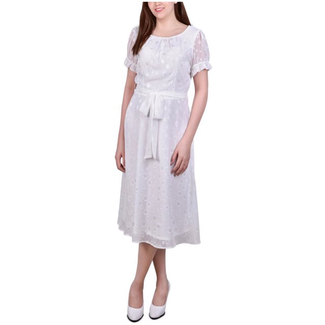 NY Collection Womens Swiss Dot Pin Tuck Midi Dress, natural, Petite, PL
