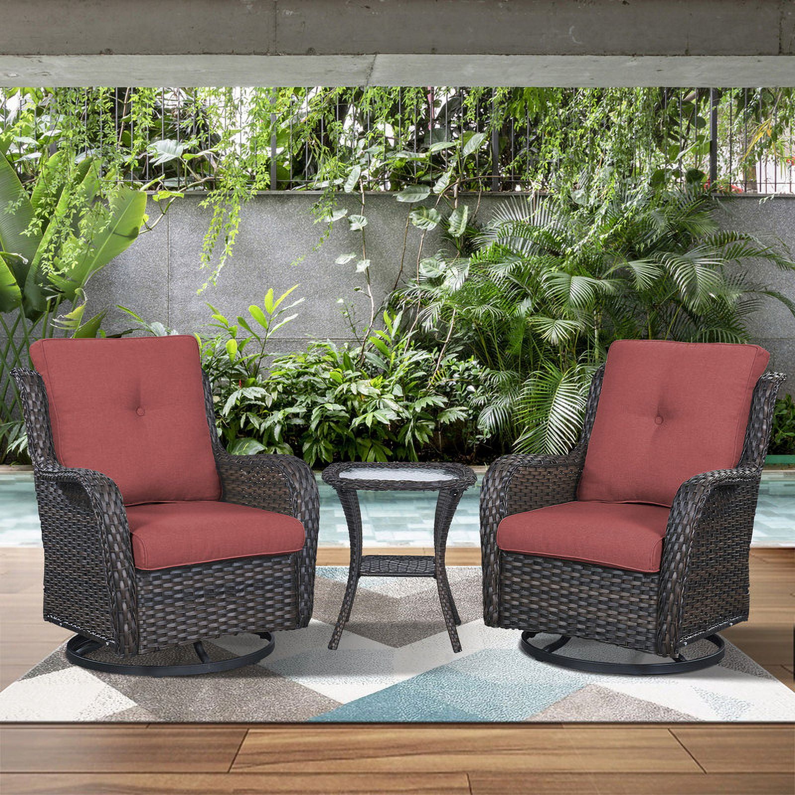 PARKWELL 3-Piece Outdoor Swivel Gliders with Thick Cushions and Side Table - Rattan Wicker Bistro Furniture Set - Brown Wicker and Red Cushion