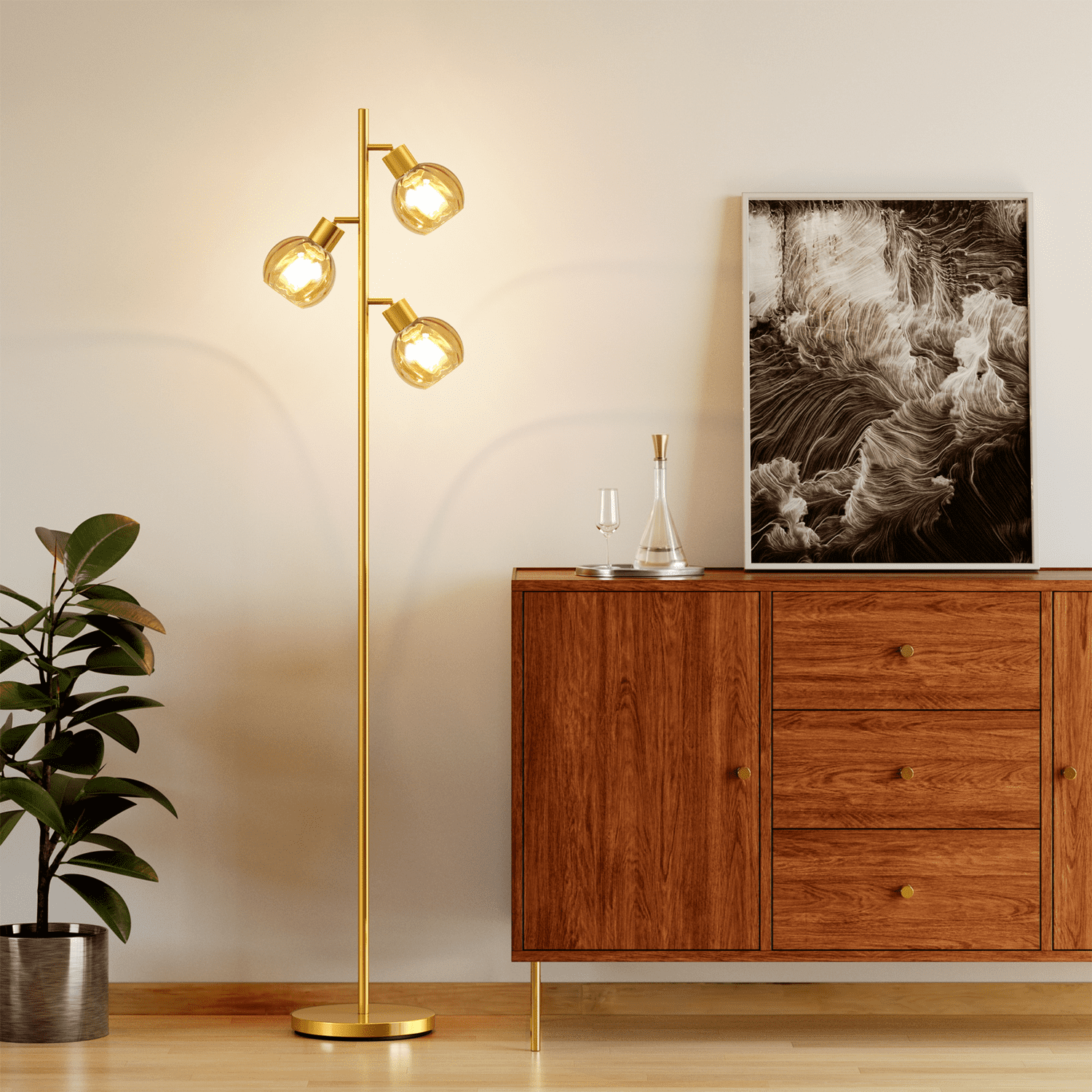 Tree Floor Lamp With 3 Adjustable Rotating Lights And Matching Led Bulbs, Standing Tall Pole Lamps for Living Room, Bedroom, Home
