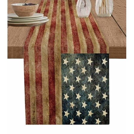 

Retro American Flag Table Runner Vintage US Flag Red Striped Tablerunners 18 x 72 Inch Table Decorations Tabletop Scarf for Summer Gathering Holiday Farmhouse Kitchen Dining Decor