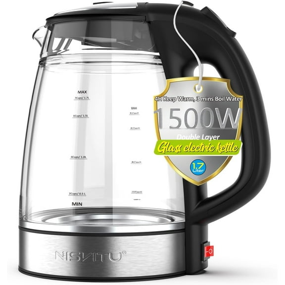 ZHIBO 1.7L Glass & Stainless Steel Electric Kettle, Cordless, Auto Shut-Off, 1500W, Black