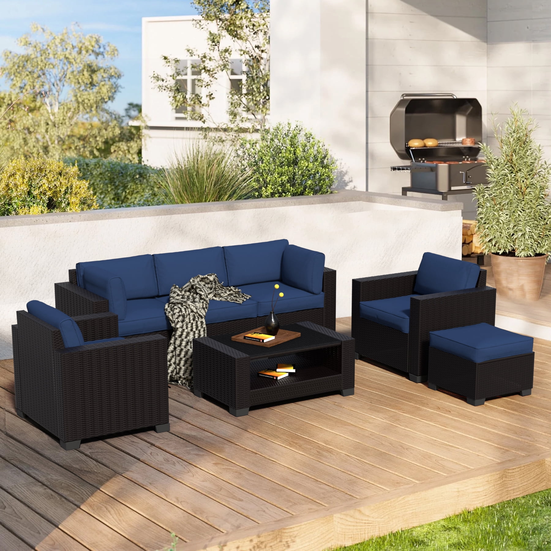 7-Piece Outdoor Sectional Patio Furniture Set, All-Weather Wicker Rattan Sofa with Thick Washable Cushions & Tempered Glass Table, Perfect for Garden, Poolside, Backyard (Navy blue)