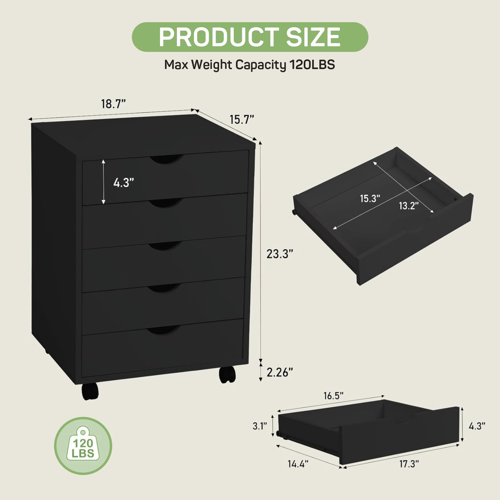 5-Drawer Wood File Cabinet with Wheels, Rolling Storage Organizer for Home Office, 18.74"W x 15.75"D x 25.39"H