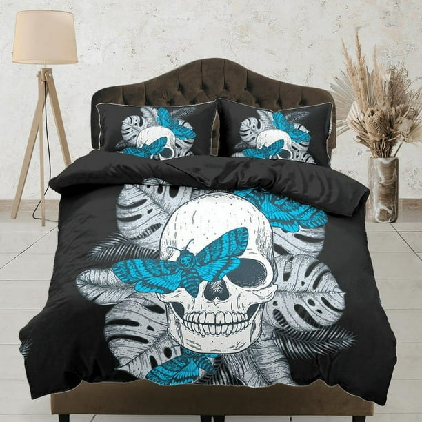 Skull & Moth Negro Funda Nórdica Juego Colcha, Dormitorio Ropa de cama con funda de almohada