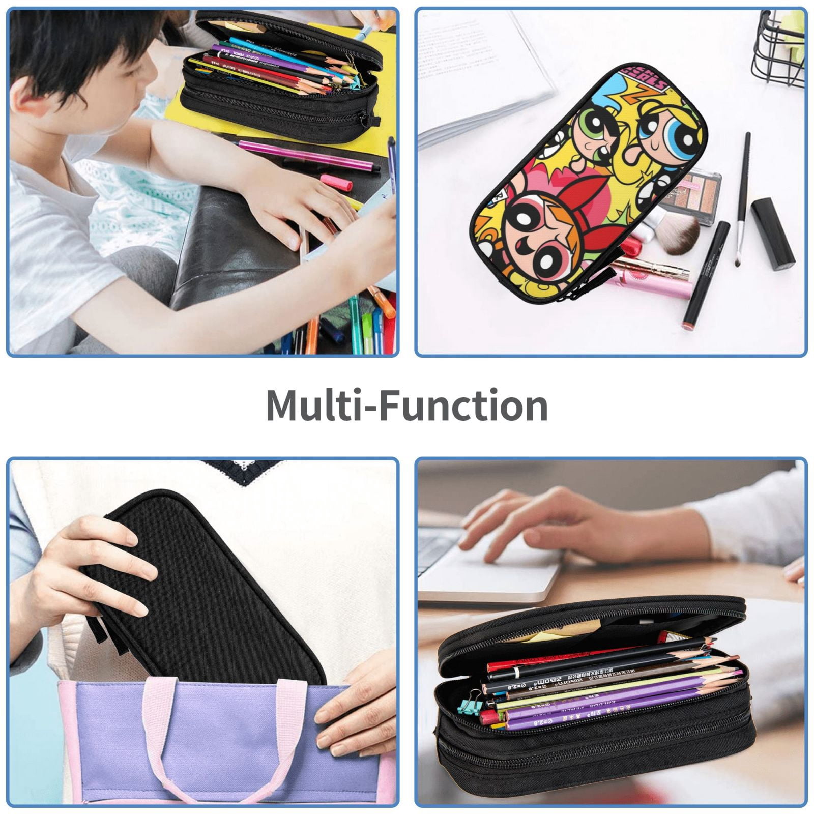 The Powerpuff Gi-rls Pencil Case Large Capacity Pencil Pouch Penbag Office Stationery Organizer Travel Makeup Bag Black