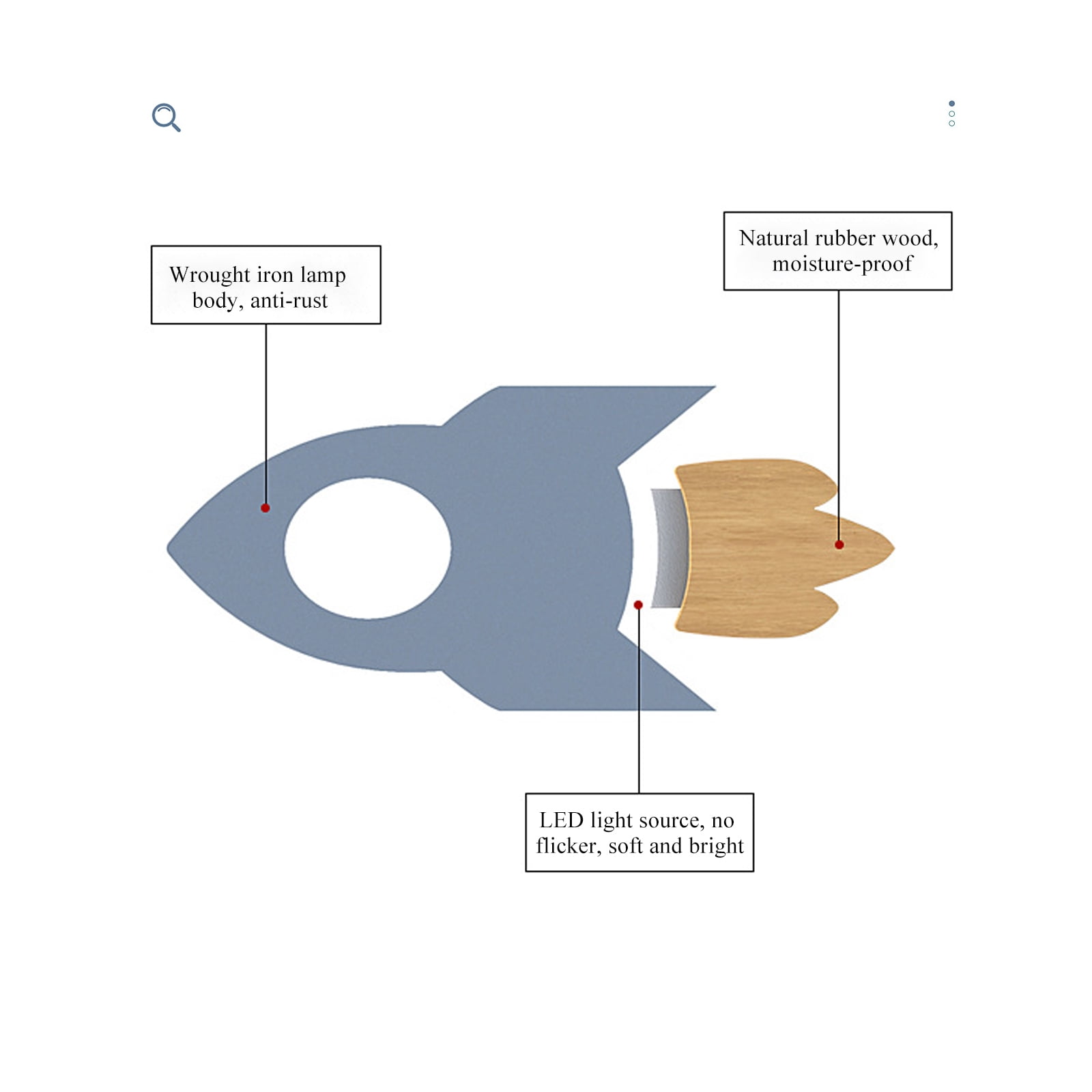 Rocket LED Wall Sconce, Blue with Natural Wood Accent, 3-Color Dimmable, Iron + Acrylic + Wood, Ideal for Children's Room Bedroom