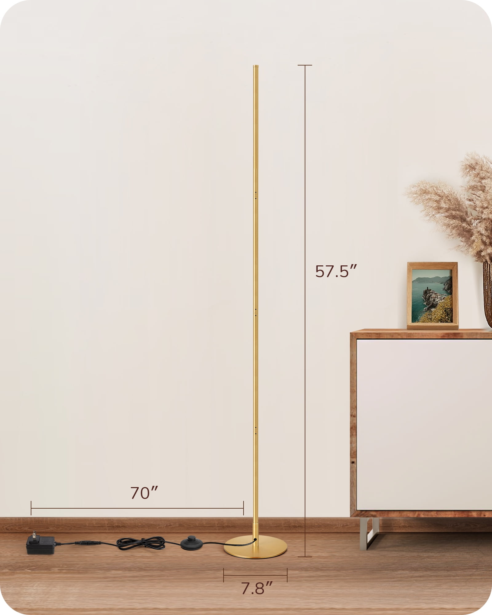 EDISHINE Modern Slim Dimmable LED Corner Floor Lamp, Adjustable Height, 57.5" Minimalist Tall Lamp for Living Room, Bedroom, Office, 3000K, Gold