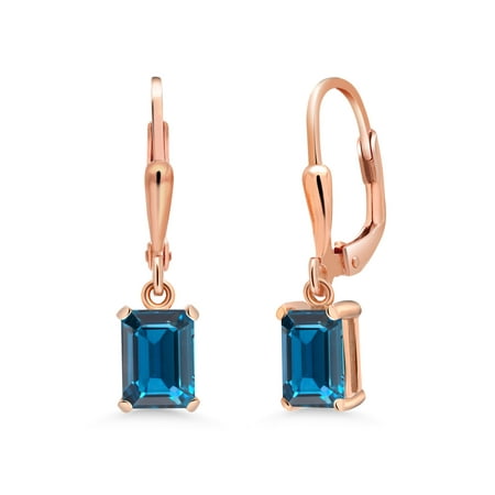 - 2.28 Ct Emerald Cut London Blue Topaz 18K Rose Gold Plated Silver Earrings