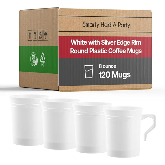 Smarty Had A Party 8 oz White with Silver Plastic Coffee Mugs with Handles Set of 120 Disposable Cups for Hot Beverages, Tea, and Parties, Elegant Drinkware for Events