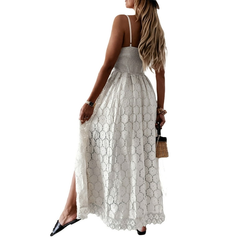 GuliriFei Women Lace Crochet V Neck Maxi Romper Dress Spaghetti Strap Hollow Out Split Dress Elegant Cocktail Party Dress Walmart