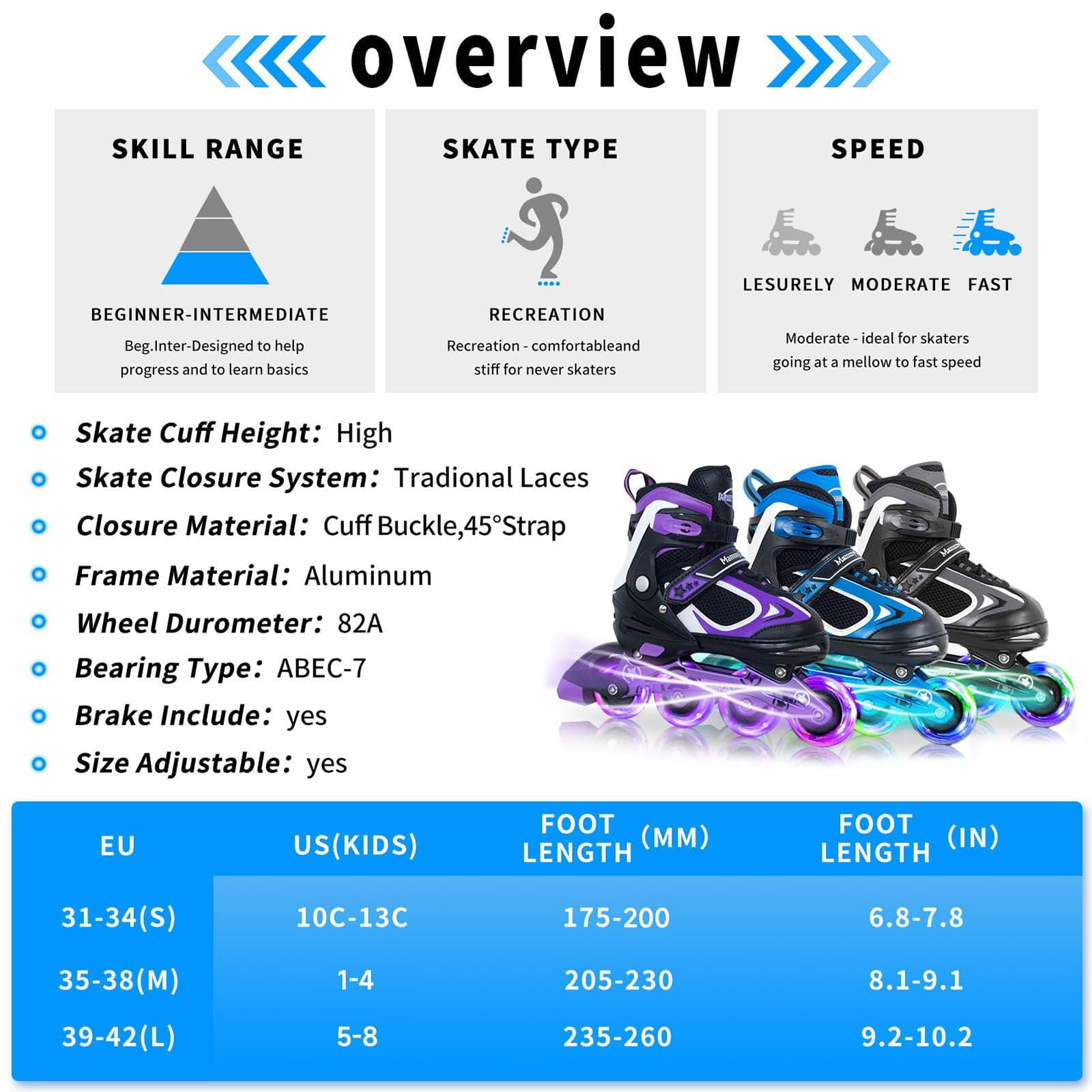 MammyGol Adjustable Inline Skates with Light-Up Wheels for Boys Girls Outdoor Sports, Comfort Youth Kids Skates Blue 5-8