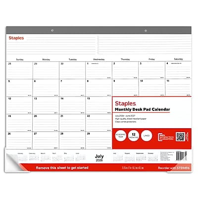 2026-2027 Staples 21.75" x 17" Academic Monthly Desk Pad Calendar, Gray (ST59497-27)