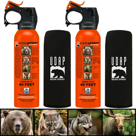 UDAP Pepper Power Bear, Mountain Lion, Coyote, Moose, & Dog Pepper Spray Deterrent with Holster, 7.9 oz, 40 foot bear fogger deteernt 2 Pack, SO2