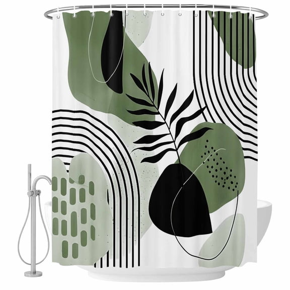 Green Bohemian Bathroom Shower Curtains with Hooks, Abstract Geometric Black Lines Leaves Waterproof Fabric Washable Shower Curtain for Home Hotel Bathtub Decor 36x72 Inch