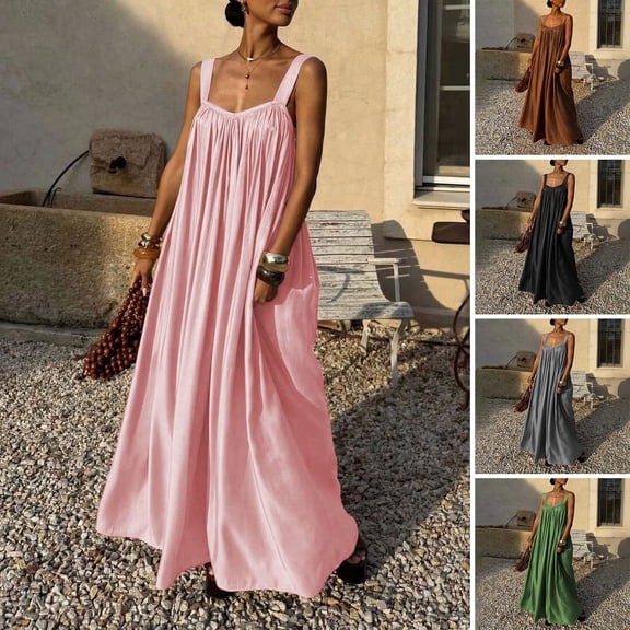 Lifetechs Women Summer Dress Sleeveless Spaghetti Strap Pleated Maxi Dress Beach Vacation Loose Flowy Sundress Pink