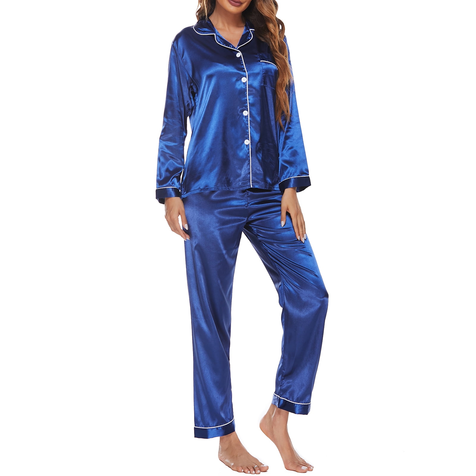 Women Pajamas Set Long Sleeve Notched Collar Button Down Soft Satin Pjs Sleepwear Walmart
