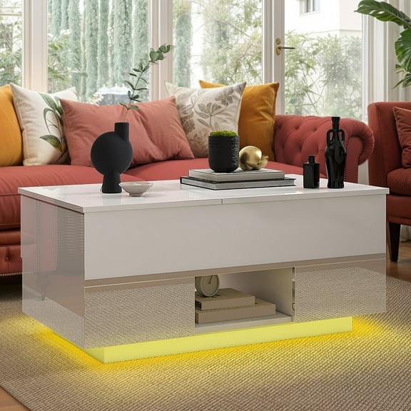 ModFusion Modern LED Coffee Table with Lift Top, Power Outlets & Storage for Living Room, White